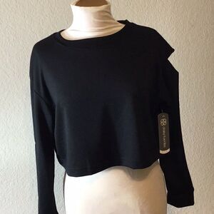 Daisy Fuentes Crop Top New Black Long Sleeve Round Neck Cut Out Goth NWT Size M